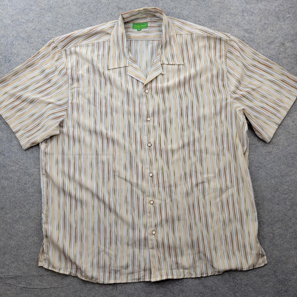 Giorgio Inserti Shirt Mens 3XL Beige Stripe Silky Button Front Short‎ Sleeve